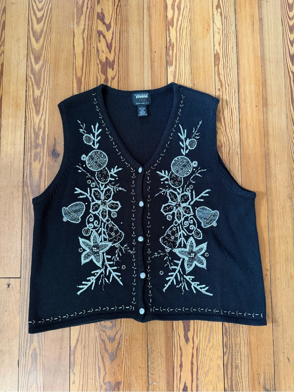 Vintage Studio Joy Black Silver Beaded Christmas Sweater Vest L